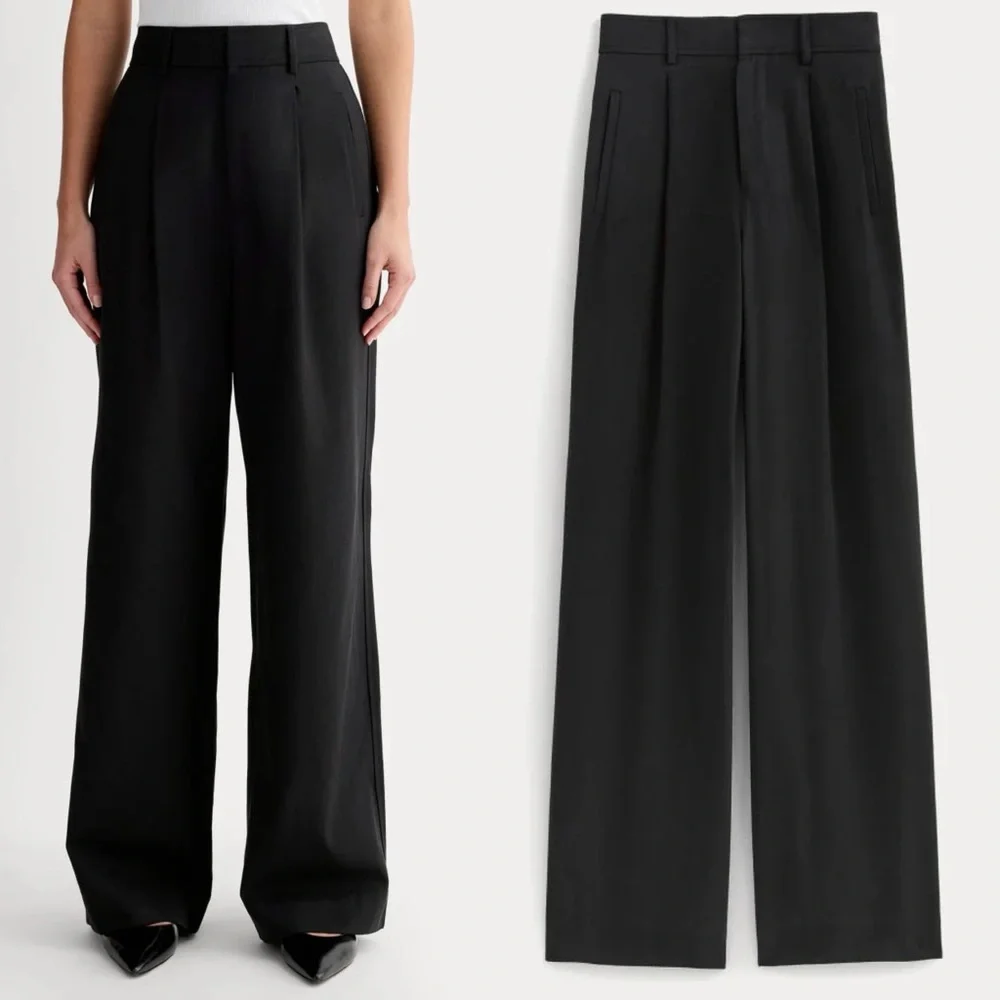 Everlane Draper Pleated Pant Buttersmooth Black Wide Leg Tencel Cotton 14 Short